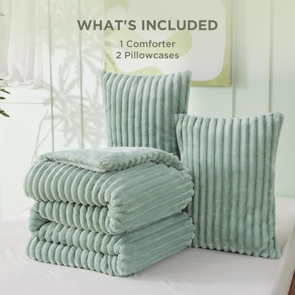Bedsure Comforter Set Queen Size - GentleSoft™ 3 Pieces Double-Side Fleece Fluffy Sage Green Comforter Set, Cozy Striped Room Decor Aesthetic, Luxury Bedding Queen Size, 2 Pillowcases, 90x90 Inches