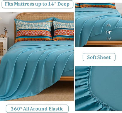 Comforter Set King Size Boho,7 Pieces Bohemian Bedding Comforter Set Striped Bed in a Bag,Teal Paisley Floral Comfortet and Sheet Set,Soft Microfiber Bedding Sets for All Season