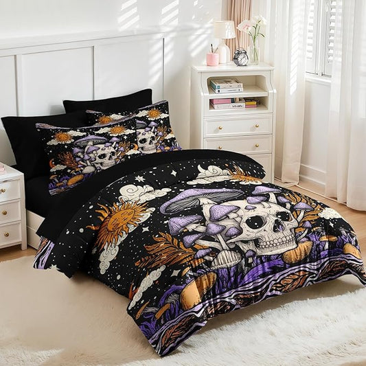 Nesker Comforter Set Queen Size, Skeleton Tarot Astrology 7 Pcs Bedding for Kids and Adults, Purple Mushroom Bed Sheet Sets with Fitted Sheet 2 Pillowcases & 2 Shams