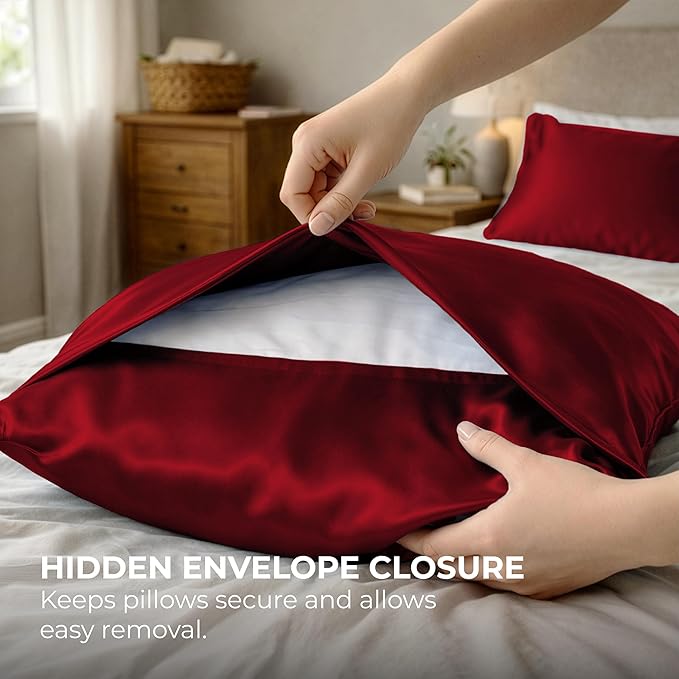 Satin Pillowcase 2 Pack - Queen Size (20"x30", Burgundy) - Silky Pillow Cases for Hair and Skin - Satin Pillow Covers with Envelope Closure - Extra Soft Premium Microfiber