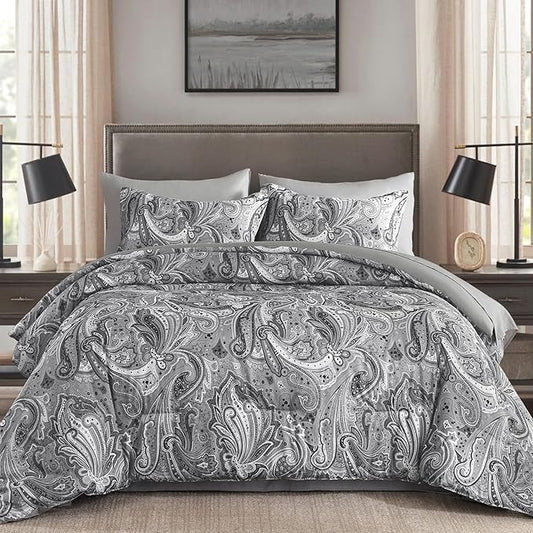 DJY Grey Paisley Comforter Set King, 7 Piece Boho Paisley Dark Gray Bed in a Bag Comforter Set, Soft Microfiber Complete Bedding Set for All Season (104''x90)