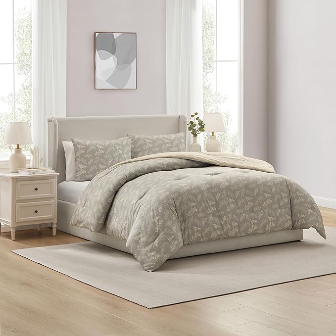 Nestl Queen Comforter Set - Grey Bed in a Bag Queen Size, 3 Pieces Reversible Bed Set, Soft Floral Bedding Set, All Season Botanical Comforters with Pillow Shams