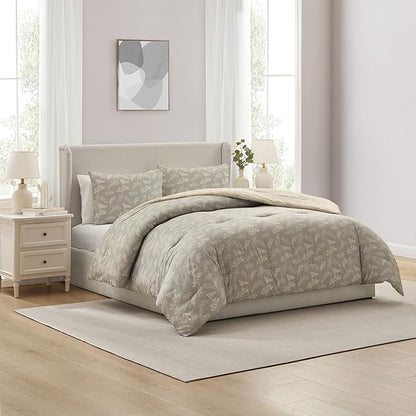 Nestl Queen Comforter Set - Grey Bed in a Bag Queen Size, 3 Pieces Reversible Bed Set, Soft Floral Bedding Set, All Season Botanical Comforters with Pillow Shams