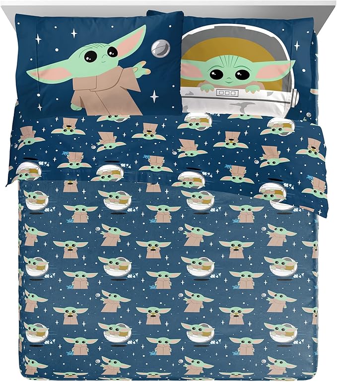 Jay Franco Kids Sheet Set with Fitted, Flat Sheets & Pillow Cover - Ultra-Soft Bedding with Pillowcase for Room Decor, Blue - Mandalorian, 4 Piece Queen