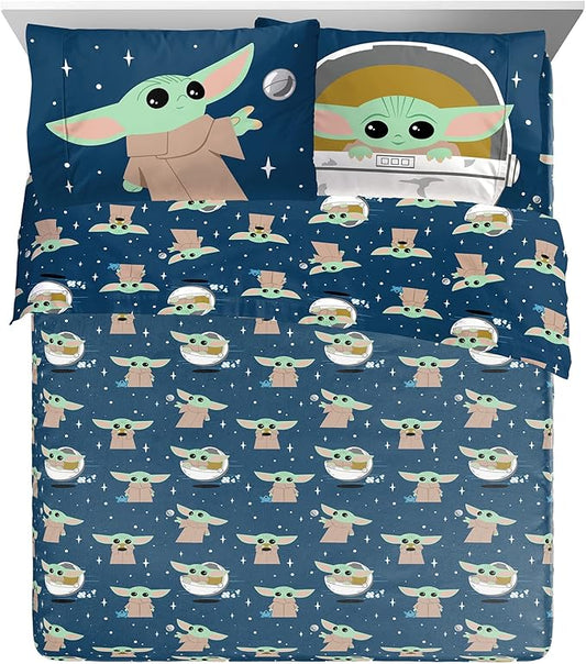Jay Franco Kids Sheet Set with Fitted, Flat Sheets & Pillow Cover - Ultra-Soft Bedding with Pillowcase for Room Decor, Blue - Mandalorian, 4 Piece Queen
