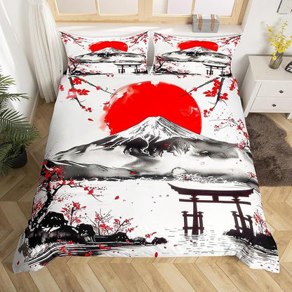Feelyou Japanese Theme Bedding Set Toddle Size Fujiyama Duvet Cover for Adult Kids Boys Girls Cherry Blossom Comforter Cover Set Natural Landscape Bedspread Cover 2Pcs Zipper