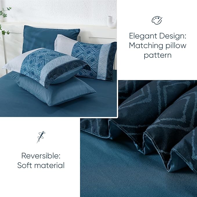 Dinjoy Queen Comforter Set Navy Blue, 7 Piece Boho Bed in a Bag Queen Size Striped Fall Bedding Sets Comforters with Plaid Bed Set with Sheets for Women Men