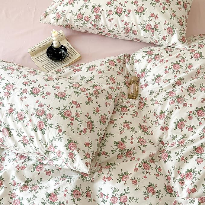 VM VOUGEMARKET Peach Blossom Bedding Set King Chic Pink Floral Duvet Cover with Zipper Closure 100% Cotton Girls Aesthetic Botanical Comforter Cover Set(3 pcs,104x90)