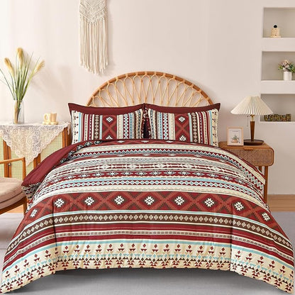 Dinjoy Boho King Size Bed in a Bag 7 Pieces,Red Comforter Set Aztec Striped Fall Bedding Set Bohemian Complete Set with Sheet Fluffy Geometric Burgundy Comforters for Women Men 90"×104"