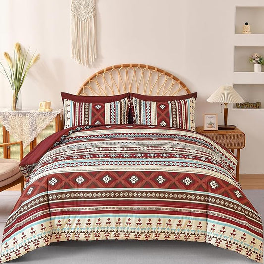 Dinjoy Boho King Size Bed in a Bag 7 Pieces,Red Comforter Set Aztec Striped Fall Bedding Set Bohemian Complete Set with Sheet Fluffy Geometric Burgundy Comforters for Women Men 90"×104"