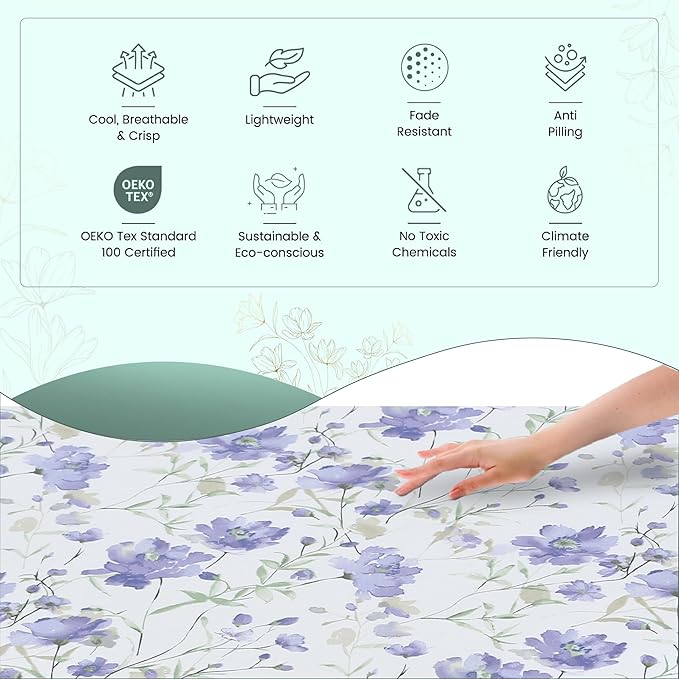 Feather & Stitch Softest 100% Cotton Sheets, 300 Thread Count Percale Weave Bedding, 16" Deep Pocket, Cooling Sheets, Breathable Bed Set, Hotel Premium Quality (King, Violet Breeze)