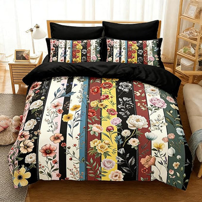 Vintage Black Floral Comforter Set Full for Girls, 3Pcs Stripe Patchwork Bedding Set for Women, Farmhouse Country Botanical Floral Quilted Comforter with 2 Pillowcases, 79"x90"