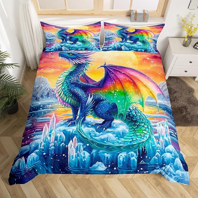 Feelyou Dragon Bedding Duvet Cover Set King Size 3D Dragon Theme Bedding Set for Kids Boys Decor Ancient Wildlife Dragon Deep Animal Scale Ice Comforter Cover Set Colorful Bedspread Cover,No Comforter