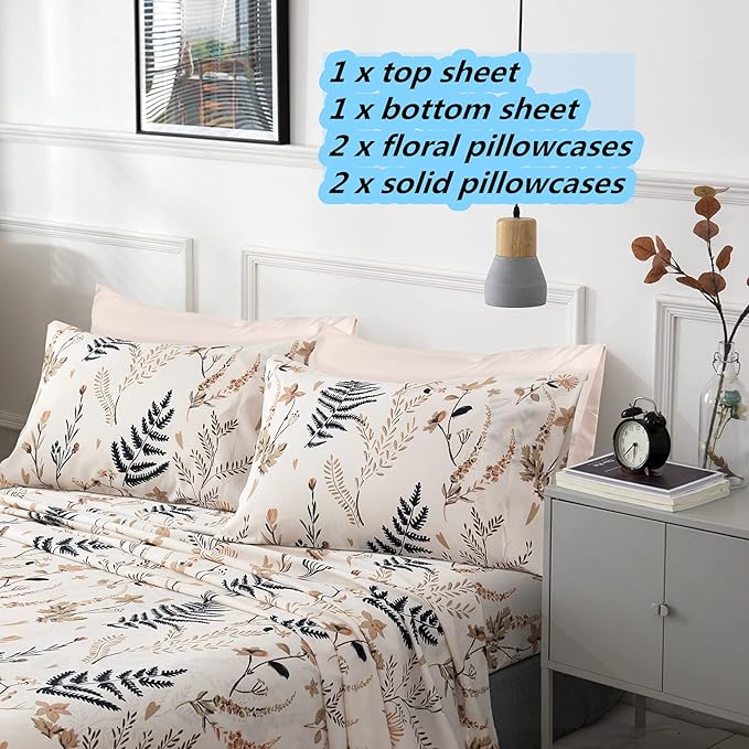 JSD Boho Floral Print Sheet Set Queen 6 Piece, Soft Blush Botanical Pattern Microfiber Bed Sheets Extra Deep Pocket