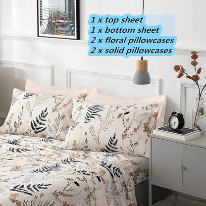JSD Boho Floral Print Sheet Set Queen 6 Piece, Soft Blush Botanical Pattern Microfiber Bed Sheets Extra Deep Pocket