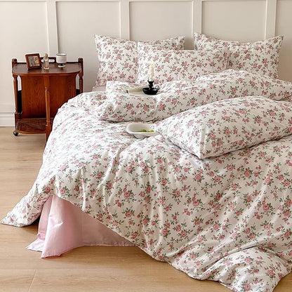 VM VOUGEMARKET Pink Floral Duvet Cover Queen 3 Pieces Cotton Girls Cottagecore Bedding Set,Peach Flower Comforter Cover with Zipper Closure,Vintage Country Bedding 90x90