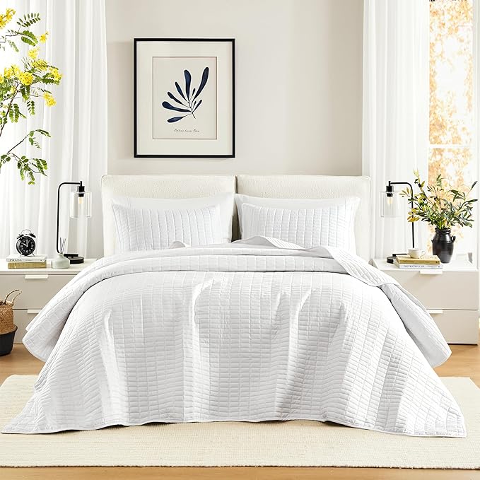 Comfort Spaces White Oversized King Quilt Set 120"x118" Bedspread Quilted Summer Lightweight Microfiber Bedding Coverlet with Double Sided Stitching Soft All Season Cozy 3 Piece with Matching Shams