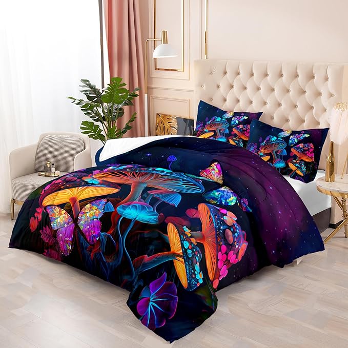 Mushroom Bedding - King Bed Comforter Set, Black & Cute Boho Mushroom Bedroom Decor