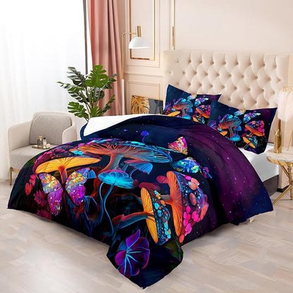Mushroom Bedding - King Bed Comforter Set, Black & Cute Boho Mushroom Bedroom Decor