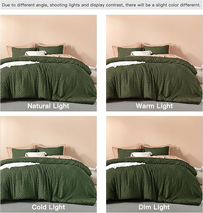 Litanika Olive Green Queen Comforter Set, 3 Pieces Tufted Boho Farmhouse Bedding Comforter Sets, Lightweight Fluffy Comforter Bed Set for All Season (90x90In Comforter and 2 Pillowcases)
