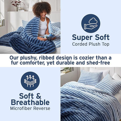 Intelligent Design Twin Comforter Set, Plush Bedding, Microfiber Reverse, 2 Piece, Lightweight, Super Soft Ribbed Velvet Comforter 1 Sham, All Season Fluffy Bed Set, Avril, Twin/Twin XL Blue Ombre