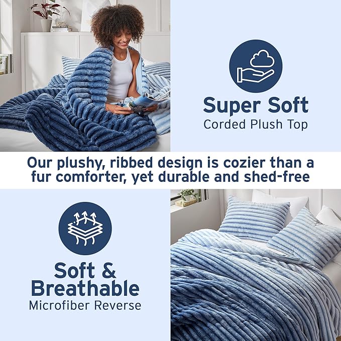 Intelligent Design King Comforter Set, Plush Bedding, Microfiber Reverse, 3 Piece, Lightweight, Super Soft Ribbed Velvet Comforter 2 Shams, All Season Fluffy Bed Set, Avril, King/Cal King Blue Ombre