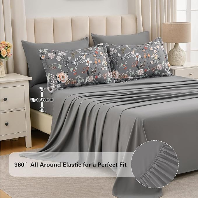 7 Piece King Comforter Set, Dark Grey Butterfly Floral Comforter Set with Flowers Leaves Pattern, Soft Microfiber Complete Bedding Set for All Season(Dark Grey, King)