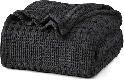 PHF 100% Cotton Waffle Weave Blanket Queen Size for Bed, Soft Lightweight & Breathable for Spring and Summer, All-Season Comfort, Luxury Aesthetic Blanket for Home Decor, 90"x90", Black