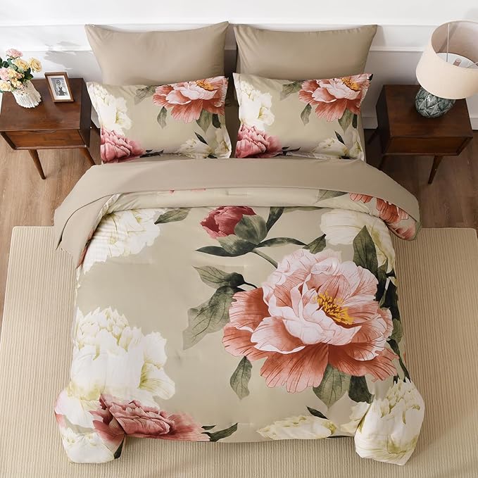 Dobuyly King Size Comforter Set 7 Piece Bed in a Bag, Pink Floral Printed on Khaki Comforter Set with Sheets, Soft Microfiber Botanical Farmhouse Bedding Set for All Season