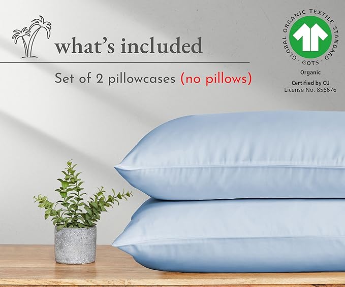 California Design Den Soft 100% Organic Cotton Pillow Cases Queen Size Set of 2 - Crisp and Breathable Percale, Durable Pillowcases Standard/Queen with Envelope Closure - Light Blue