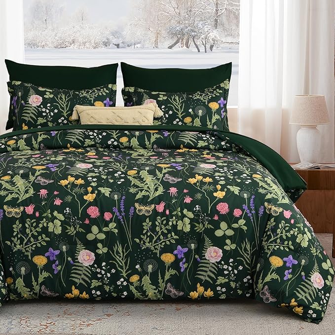 Yiran Floral Full Size Comforter Set, 7 Piece Dark Green Comforter Bedding Set, Spring Bed in a Bag Botanical Flowers Pattern, Soft Lighrweight Complete Comforters with Sheets for Women