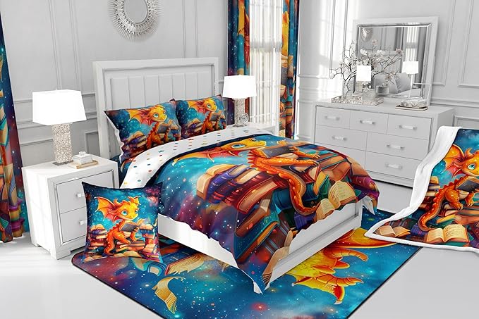 Cartoon Dragon Comforter Set Queen Size,Glitter Star Galaxy Nebula Bedding Set for Kids Boys Girls Room Decor,Magical Book Pattern Duvet Insert 3Pcs,Wild Animal Outer Space Quilt Set,2 Pillowcases