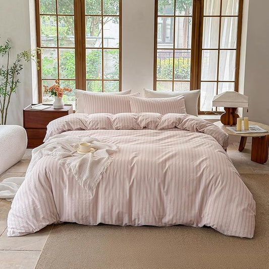 Striped Duvet Cover Set 100% Washed Cotton Linen Like Soft Feelling Breathable Bedding(Greyish Pink/White Strip,King)