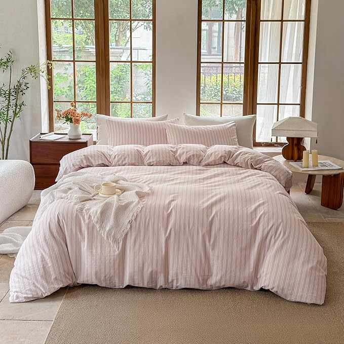 Striped Duvet Cover Set 100% Washed Cotton Linen Like Soft Feelling Breathable Bedding(Greyish Pink/White Strip,Full)