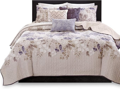 Madison Park Luna Quilt Modern Classic Design All Season, Breathable Coverlet Lightweight Bedding Set, Matching Shams, Decorative Pillow, King/Cal King(104"x94"), Floral Taupe 6 Piece
