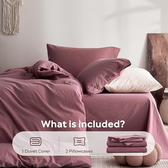 JELLYMONI 100% Washed Cotton Duvet Cover Cal King – Soft, Breathable Linen-Look Bedding with Natural Wrinkle Texture, Button Closure, 3-Piece Set (Deep Rose, 104"x98")