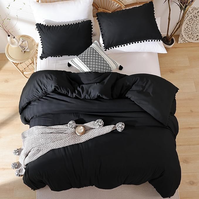 YIRDDEO Queen Comforter Set - Comforter Queen Size Sets with Ball Pom Fringe, Soft Bedding Set for All Seasons - 3 Pieces, 1 Comforter (90"x90") & 2 Pillow Shams (20"x26"), Black