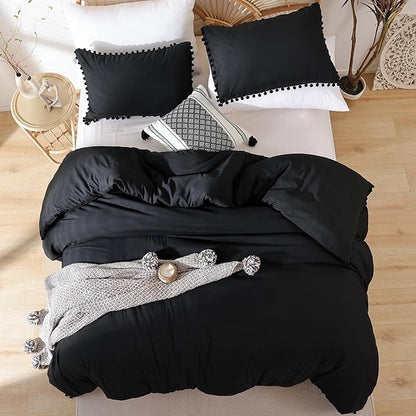 YIRDDEO Queen Comforter Set - Comforter Queen Size Sets with Ball Pom Fringe, Soft Bedding Set for All Seasons - 3 Pieces, 1 Comforter (90"x90") & 2 Pillow Shams (20"x26"), Black