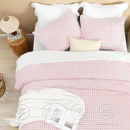 Andency Pink Gingham Comforter Set Queen(90x90Inch), Blush Checkered Grid Plaid Buffalo Bed Set for Girls Boys Kids Teens, 3 Pieces Lightweight Polyester Geometric Preppy Bedding