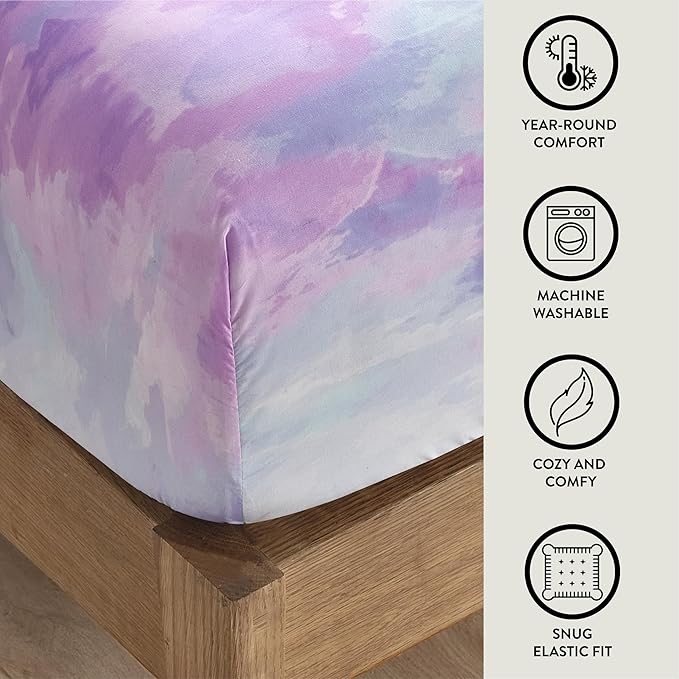 Heritage Kids 3-Piece Twin Sheet Set,Purple Watercolor Tie-Dye Design,Includes Fitted Sheet, Flat Sheet & Pillowcase,Soft Microfiber Bedding for Girls & Teens