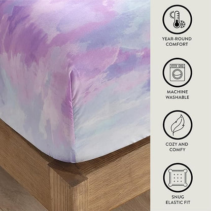 Heritage Kids 3-Piece Twin Sheet Set,Purple Watercolor Tie-Dye Design,Includes Fitted Sheet, Flat Sheet & Pillowcase,Soft Microfiber Bedding for Girls & Teens