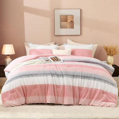 Litanika Fluffy Fleece Twin Comforter Set, Luxury Soft Plush Fuzzy Blush Stripe Bedding Comforter Sets, Warm Shaggy Faux Fur Bed Set All Season (1 Comforter, 1 Pillowcase)