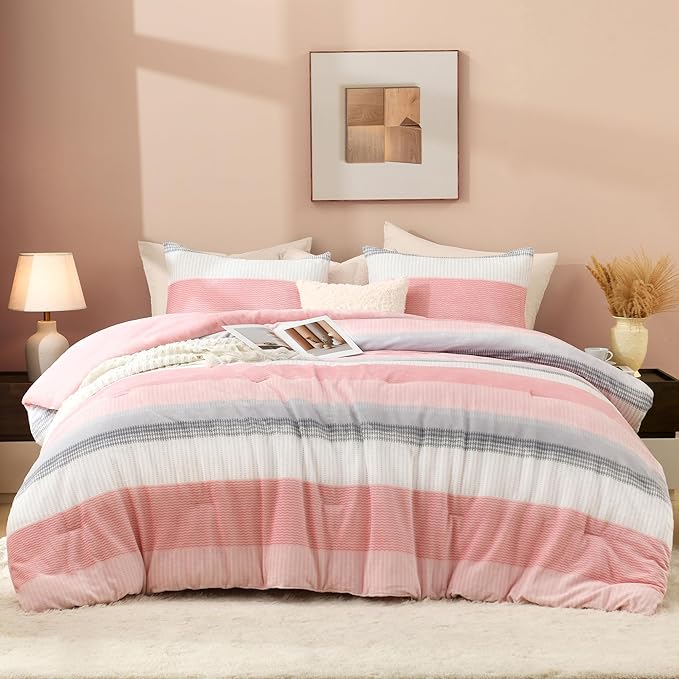Litanika Fluffy Fleece Full Size Comforter Set, Luxury Soft Plush Fuzzy Blush Stripe Bedding Comforter Sets, Warm Shaggy Faux Fur Bed Set All Season (1 Comforter, 2 Pillowcases)