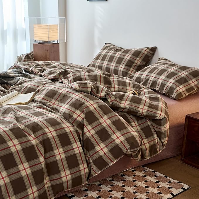 EAVD Vintage Brown Buffalo Plaid Comforter Set King Soft 100% Washed Cotton Brown&Red&Green Grid Checkered Bedding Set with 2 Pillowcases Retro Gingham Comforter Set for All-Season