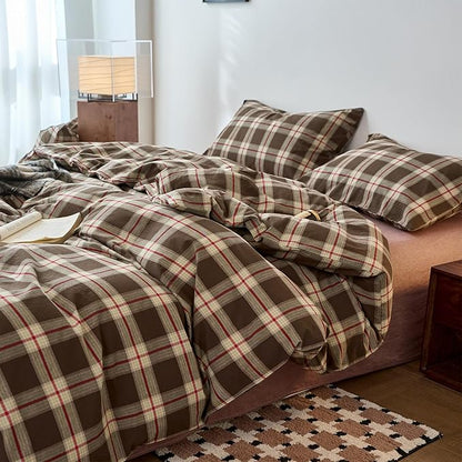 EAVD Vintage Brown Buffalo Plaid Comforter Set King Soft 100% Washed Cotton Brown&Red&Green Grid Checkered Bedding Set with 2 Pillowcases Retro Gingham Comforter Set for All-Season