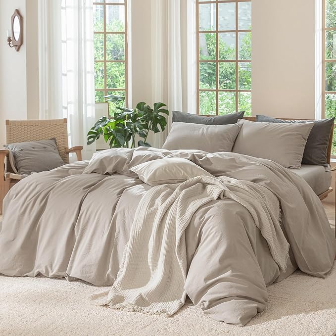 MooMee Bedding Duvet Cover Set 100% Washed Cotton Linen Like Textured Breathable Durable Soft Comfy (Solid Light Tan, Twin 68"x90")