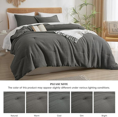 PHF Soft Waffle Comforter Set King Size- Comfy Breathable Waffle Weave Comforter with 2 Pillow Shams, 3 Pieces Less Snagging Lightweight Textured Bedding Set for All Season, Grey