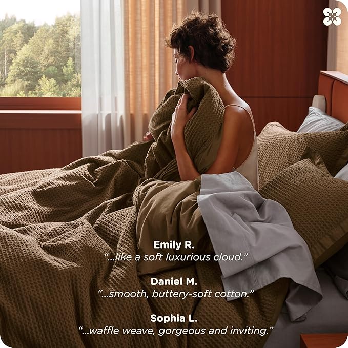 Bedsure Cotton Duvet Cover Queen Size - 100% Cotton Waffle Weave Brown Duvet Cover Queen Size, GentleSoft™ and Breathable Bedding Set for All Season, 3 Pieces, 90"x90"