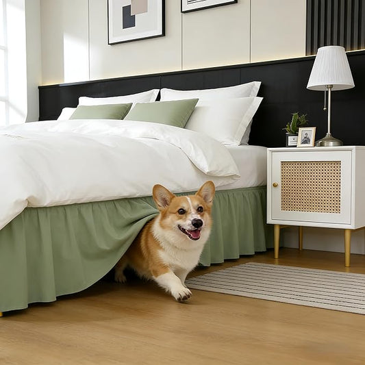 RIMELA Sage Green Bed Skirt King Size 15 Inch Drop, Elastic Bed Skirting for Bed Base and Frame, Bedding Dust Ruffle Easy to Install, Wrap Around Adjustable Bedskirt