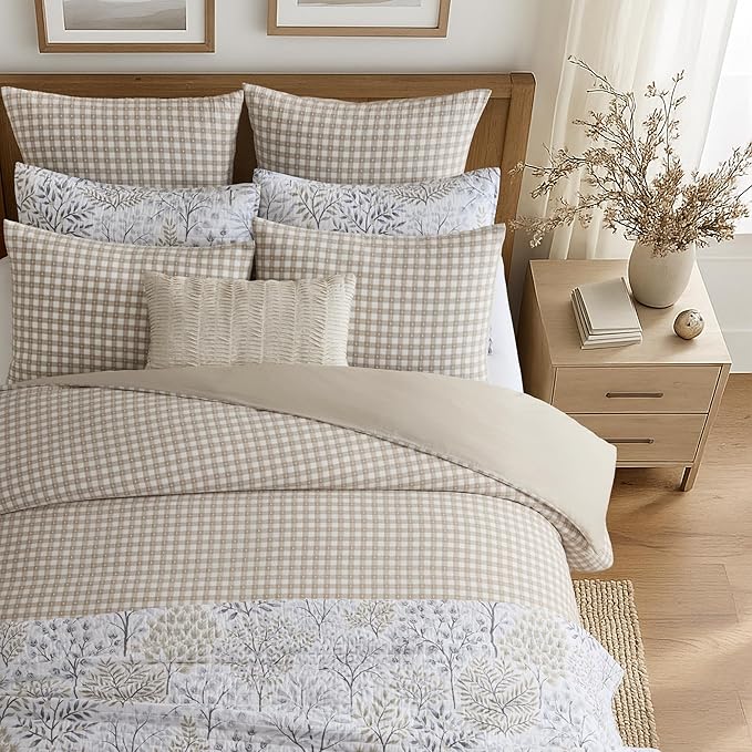 Levtex Home - Camden Gingham Stitch Euro Sham Set of 2 - Textured Gingham - Taupe and Cream - Reversible - Cotton - Tie Closure Back - Pillow Inserts Not Included